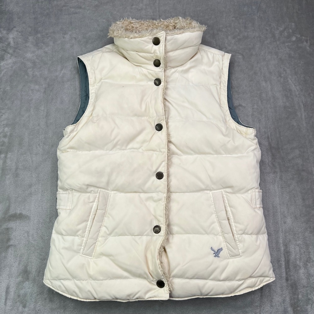 American Eagle Down Puffer Vest Womens Small Cream Solid Faux‎ Sherpa Collar